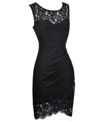 Black Lace Trim Pencil Dress, Black Lace Crossover Hem Pencil Dress ...