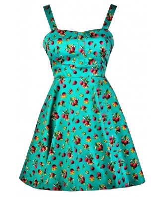 Cranberry Print Dress, Fruit Print Dress, Teal Cranberry A-Line Dress, Cranberry Print Summer Dress, Retro Fruit Print Dress