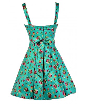 Retro Fruit Print Dress, Cranberry Print Dress, Teal A-Line Cranberry ...