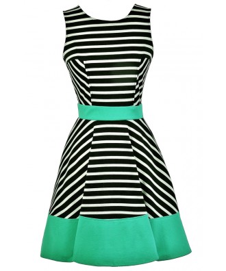 Black White and Green Colorblock Stripe Dress, Black and White Stripe A-Line Dress, Jade Green Colorblock Stripe Dress, Nautical Stripe Dress, Black and White Stripe Party Dress