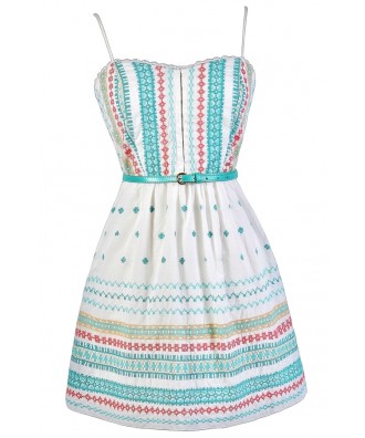 Cute Summer Dress, Cute Sundress, Embroidered Sundress, Embroidered Summer Dress, Cute Embroidered Dress, Belted Sundress, Belted Summer Dress, Coral and Aqua Embroidered Dress