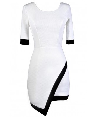 Cute White Dress, White and Black Pencil Dress, White Crossover Hemline Dress, White Contrast Sheath Dress