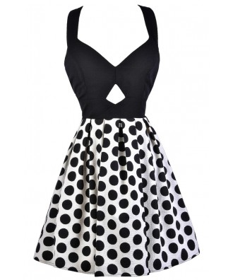 Black and Ivory Party Dress, Black and Off White Polka Dot Dress, Black and Ivory Polka Dot Dress, Cute Polka Dot Dress, Black and Off White A-Line Dress, Black and Ivory Bow Back Dress, Cutout Polka Dot Dress, Cute Polka Dot Dress, Polka Dot Party Dress