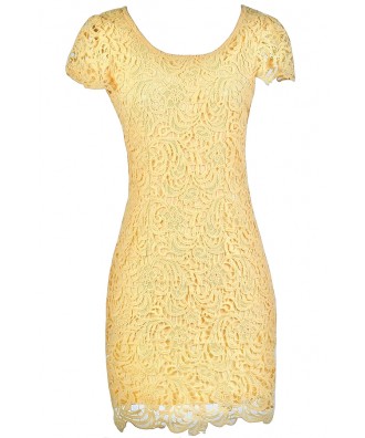 Yellow Capsleeve Lace Dress, Yellow Lace Pencil Dress, Cute Yellow ...