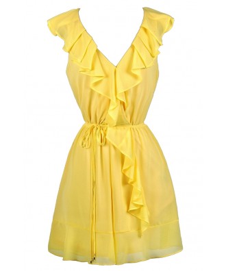 Cute Yellow Dress, Bright Yellow Dress, Yellow Ruffle Dress, Yellow Ruffle Wrap Dress, Yellow Party Dress, Cute Work Dress