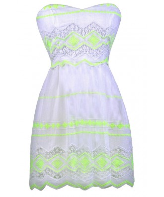 Off White Summer Dress, Neon Yellow Sundress, Neon Lime Sundress, Off White Yellow Summer Dress, Cute Summer Dress, Cute A-Line Dress, Off White A-Line Dress, Off White Sundress