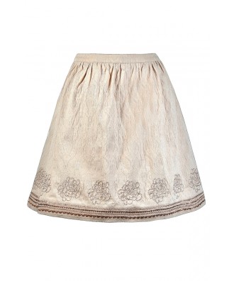 Beige A-Line Skirt, Cute Beige Skirt, Beige and Bronze Skirt, Beige Embroidered Skirt, Cute Fall Skirt, Cute Summer Skirt, Metallic Embroidered Skirt, Cute Beige Skirt