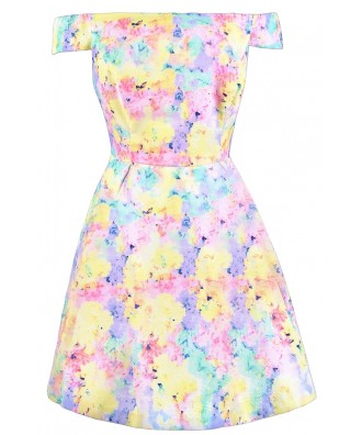 Pastel Printed Dress, Pastel Multicolor Dress, Pastel Off Shoulder Dress, Cute Summer Dress, Pastel Spring Dress, Cute Easter Dress, Cute Off Shoulder Dress
