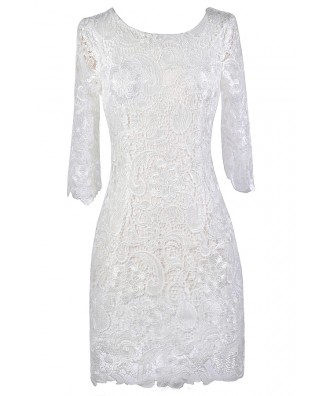 Off White Lace Dress, Cute Rehearsal Dinner Dress, Cute Bridal Shower Dress, Off White Lace Three Quarter Sleeve Dress, Ivory Lace Dress, Three Quarter Sleeve Lace Sheath Dress