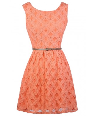 Orange Peach Lace A-Line Dress, Cute Orange Peach Lace Dress, Orange Peach Belted Lace Dress