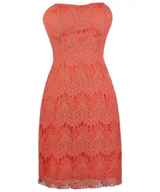 Coral Pink Lace Strapless Dress, Cute Coral Pink Lace Dress, Coral Pink Lace Cocktail Dress, Coral Pink Lace Pencil Dress