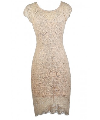 Beige Lace Sheath Dress, Beige Lace Cocktail Dress, Beige Lace High Low Dress, Beige Lace Party Dress