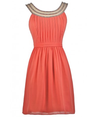 Coral Party Dress, Coral Embellished Dress, Coral Beaded Neckline Dress, Coral Bridesmaid Dress