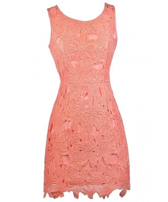 Peachy Pink Lace Sheath Dress, Peach Lace Bridesmaid Dress, Cute Pink Dress, Peach Lace Dress