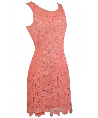 Peachy Pink Lace Sheath Dress, Peach Lace Cocktail Dress, Cute Peach ...