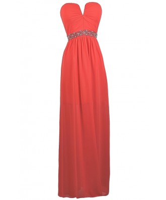 Coral V Dip maxi dress, Cute Coral Prom Dress, Coral Strapless Maxi Dress, Coral beaded Maxi Dress