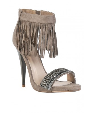 Taupe Fringe Heels, Beige Fringe Heels, Cute Fringe Heels