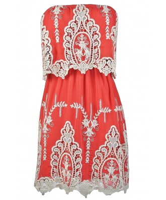 Cute Coral Dress, Coral and Ivory Dress, Coral Embroidered Dress, Coral Sundress, Coral Summer Dress