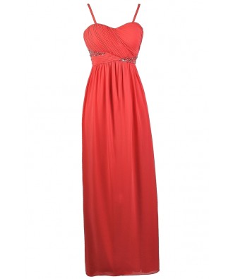 Coral Embellished Maxi Dress, Coral Prom Dress, Cute Coral Maxi Dress ...