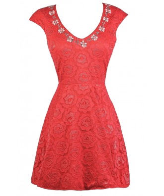 Coral Lace A-Line Dress, Cute Coral Dress, Coral Lace Party Dress, Coral Embellished Dress