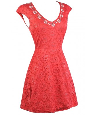 Coral Lace A-Line Dress, Cute Coral Dress, Coral Lace Party Dress Lily ...