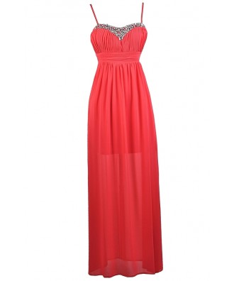 Cherry Red Maxi Dress, Rhinestone Red Maxi Dress, Cute Red Prom Dress, Red Formal Dress