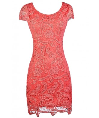 Coral and Gold Metallic Lace Dress, Coral lace Capsleeve Pencil Dress, Cute Coral Lace Dress