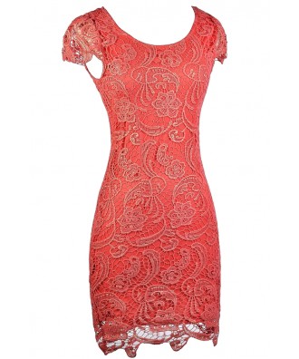 Coral Metallic Lace Pencil Dress, Cute Coral Lace Dress, Coral and Gold ...