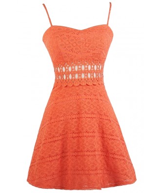 Orange Lace A-line Dress, Cute Orange Dress, Orange Lace Party Dress, Orange Lace Sundress