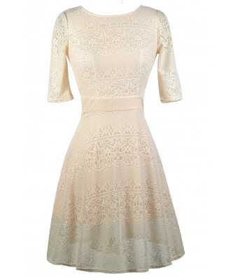 Beige and Peach Lace Dress, Beige Lace A-Line Dress, Cute Beige Dress, Beige Lace Sundress