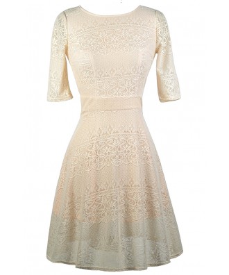 Beige and Peach Lace Dress, Cute Beige Dress, Beige Lace A-Line Dress ...