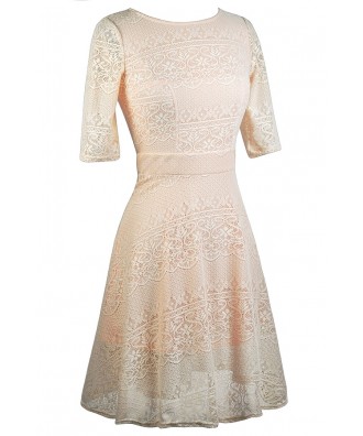 Beige and Peach Lace Dress, Cute Beige Dress, Beige Lace A-Line Dress ...