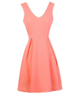 Cute Neon Coral Sundress, Neon Coral Summer Dress, Neon Coral A-Line Dress, Neon Coral Party Dress