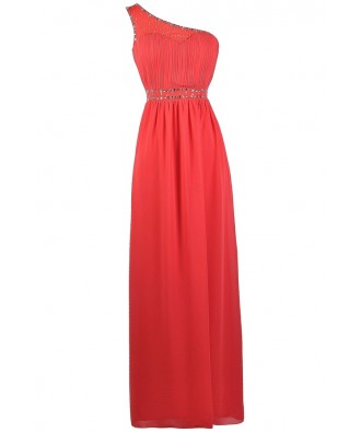 Coral One Shoulder Maxi Dress, Coral Prom Dress, Coral Formal Dress ...