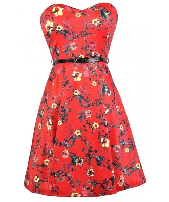 Cute Red Dress, Red Floral Print Dress, Red Printed Sundress, Cute Summer Dress, Red Floral Print A-Line Dress, Belted Floral Print Dress