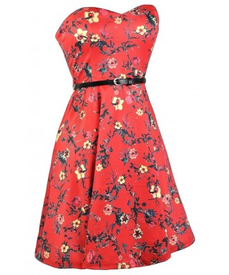 Red Floral Print Dress, Cute Sundress, Floral Print Belted Dress, Cute ...