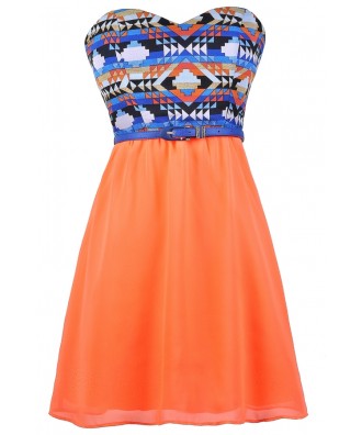 Neon Orange and Blue Dress, Blue and Orange Sundress, Neon Orange Dress, Southwestern Print Sundress, Cute Belted Dress, Orange and Blue A-Line Dress, Neon Summer Dress, Neon Orange Southwestern Print Dress