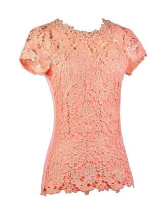 Orange Peach Lace Top, Cute Lace Top, Pearl Lace Top, Lace Capsleeve ...