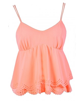 Cute Peach Top, Peach Summer Top, Neon Peach Top, Coral Peach Top, Bright Peach Top, Peach Eyelet Top, Peach Crop Top