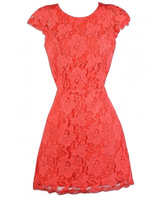 Coral Lace Dress, Coral Open Back Lace Dress, Coral Lace Cocktail Dress, Coral Lace Party Dress, Coral Lace Sheath Dress, Coral Lace Summer Dress, Cute Summer Dress