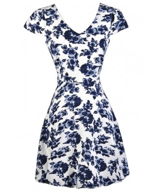 Blue and White Floral Print Dress, Blue and White Capsleeve Floral Dress, Blue and White Print Summer Dress, Blue and White A-line Dress, Blue and White Summer Dress, Cute Blue Dress, Blue Sundress