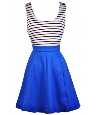 Cute Blue Dress, Blue Black and White Stripe Dress, Bright Blue Nautical Stripe Dress, Blue Stripe Open Back Dress, Blue Black and White Stripe Party Dress, Cute Summer Dress, Bright Blue Party Dress, Bright Blue Summer Dress, Bright Blue Sundress