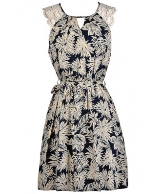 Cute Printed Dress, Navy and Beige Printed Dress, Palm Branch Printed Dress, Navy Sundress, Cute Summer Dress, Navy and Beige Sundress, Palm Branch Dress