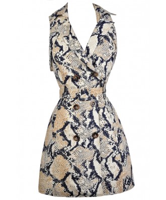 Python Print Dress, Snakeskin Print Dress, Navy and Beige Snake Print Dress, Snakeskin Trench Coat Dress, Navy and Beige Snake Print Dress, Navy and Beige Python Dress, Cute Animal Print Dress