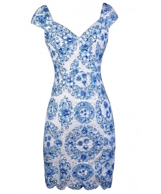 Sky Blue and White Lace Dress, Blue and White Lace Pencil Dress, Blue ...