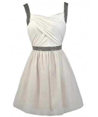 Ivory and Grey Beaded Rehearsal Dinner Dress