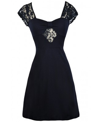 Cute Navy Dress, Navy Lace Dress, Navy Party Dress, Navy Summer Dress, Navy A-Line Summer Dress, Navy Lace Shoulder Dress