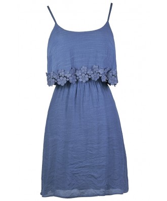 Dusty Blue Dress, Dusty Blue Crochet Trim Dress, Blue Flutter Top Dress, Cute Country Dress, Light Blue Sundress, Dusty Blue Summer Dress