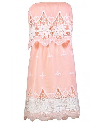 Cute Pink and Ivory Dress, Pink Crochet Dress, Pink Sundress, Pink Summer Dress, Pink and Ivory Strapless Dress