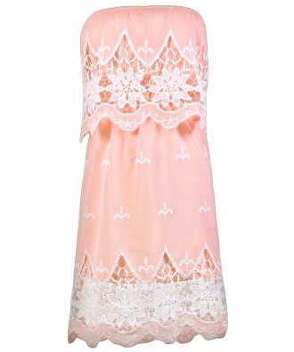 Cute Pink and Ivory Dress, Pink Crochet Dress, Pink Sundress, Pink Summer Dress, Pink and Ivory Strapless Dress